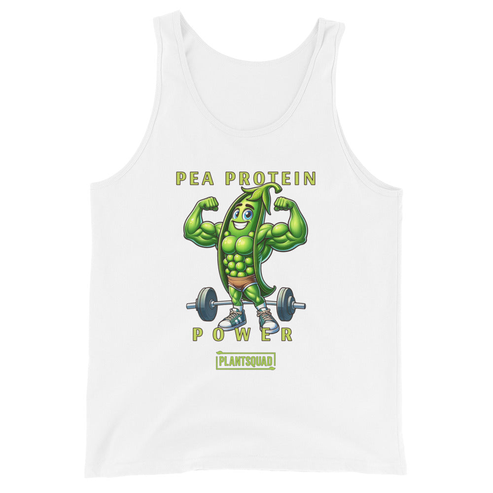 A black vegan workout tank, the Plantsquad Peas "Pea Protein Power" - Unisex Tank Top, features a muscular, anthropomorphic green pea flexing its biceps with a barbell on the ground behind it. Text above reads "Pea Protein Power" and below, "PlantSquad." The design promotes plant-based fitness.