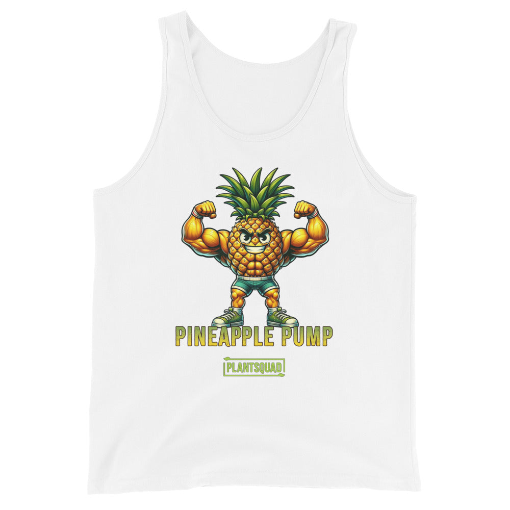 The Plantsquad Pineapple "Pineapple Pump" - Unisex Tank Top showcases a muscular cartoon pineapple flexing its muscles, with the text "Pineapple Pump" and "Plant SQUAD" printed below. Perfect for vegan gym enthusiasts, the smiling pineapple with a green leafy top embodies a plant-based lifestyle.