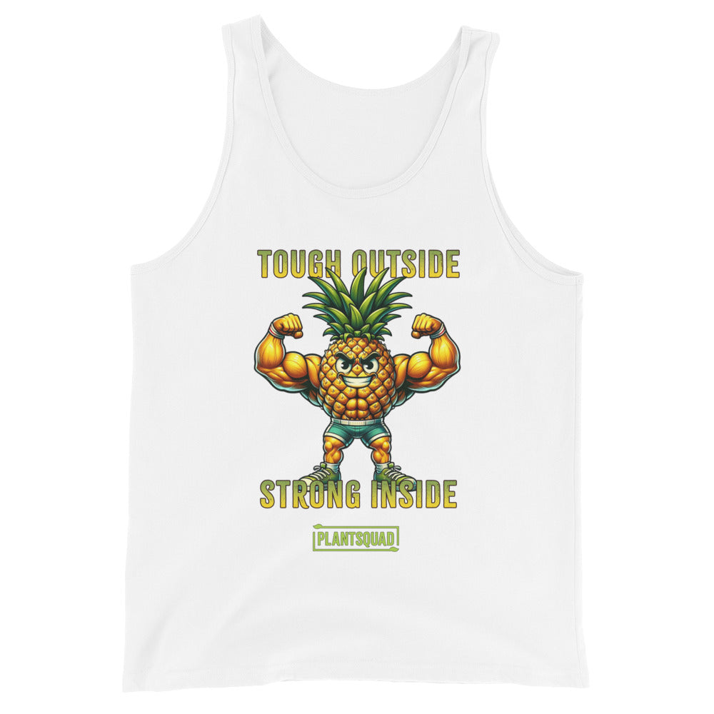 A black gym tank top features a muscular cartoon pineapple flexing its biceps and wearing a confident expression. Above the pineapple, the text reads "TOUGH OUTSIDE," and below it, "STRONG INSIDE." The bottom text says "PLANTSQUAD" enclosed within a green box. Perfect for a plant-based lifestyle! This is the Plantsquad Pineapple "Tough Outside Strong Inside" - Unisex Tank Top.