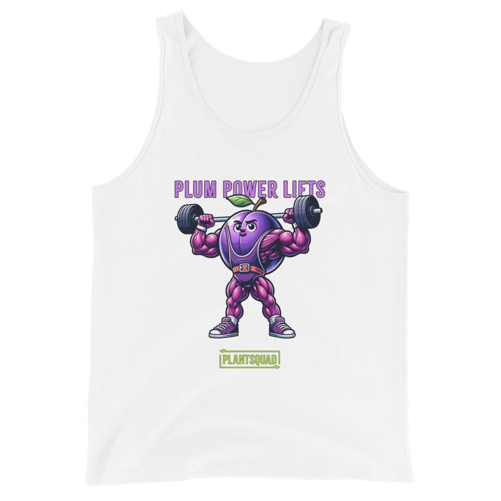 A black Plantsquad Plum "Plum Power Lifts" - Unisex Tank Top featuring a muscular cartoon plum lifting barbells. The text "PLUM POWER LIFTS" is displayed above the plum, and "PLANTSQUAD" is written at the bottom in green and white. Perfect for gym enthusiasts embracing a vegan lifestyle.