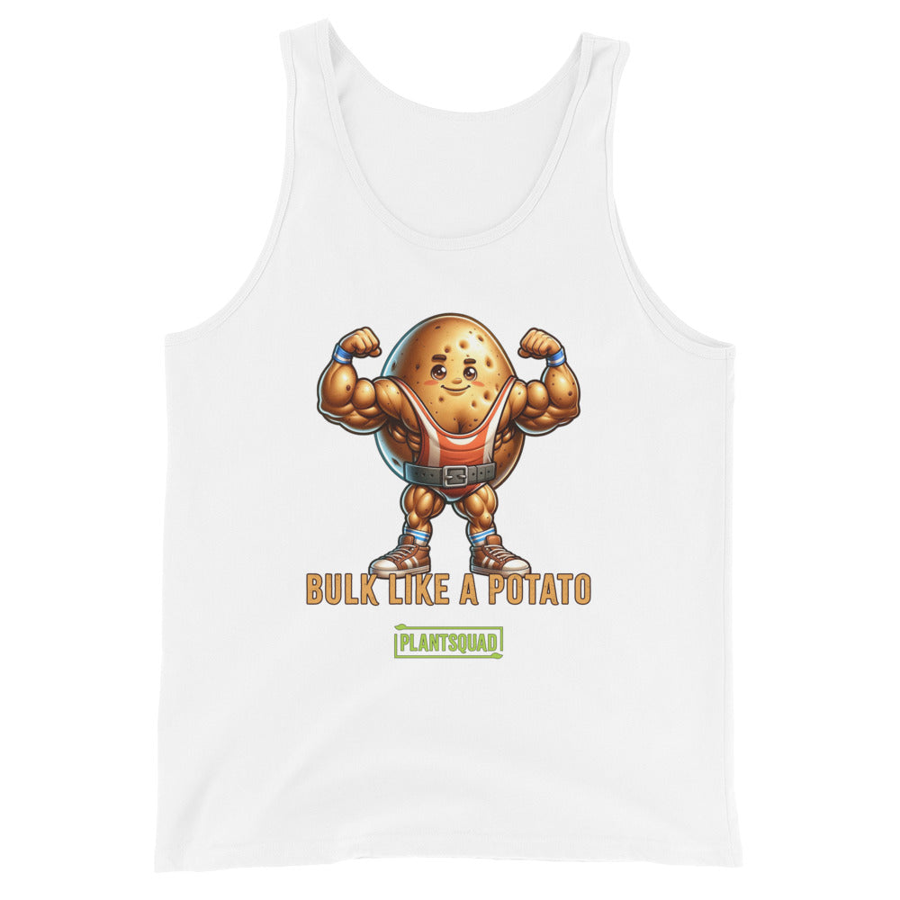 A black gym tank top features a muscular, cartoon potato lifting weights. The text below the potato reads, "BULK LIKE A POTATO," and underneath, "PLANTSQUAD" is written in green. This Plantsquad Potato "Bulk Like A Potato" - Unisex Tank Top is perfect for plant-based fitness enthusiasts.