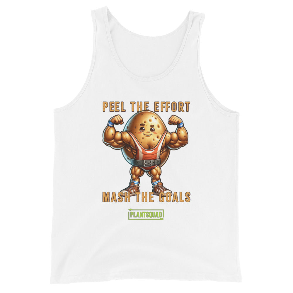 A Plantsquad Potato "Peel The Effort Mash The Goals" - Unisex Tank Top with a graphic of a muscly potato cartoon sporting muscular arms, wearing a belt, and flexing. Text reads "Peel the Effort" above and "Mash the Goals" below. A small "PlantSquad" logo is at the bottom. Perfect as plant-based gym apparel for your vegan workout routine.