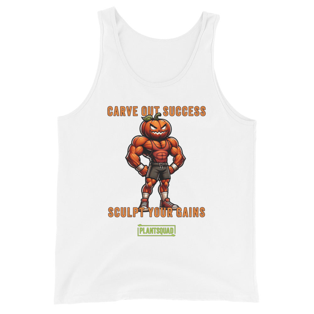 The Plantsquad Pumpkin "Carve Out Your Success Sculpt Your Gains" - Unisex Tank Top is a black vegan tank top featuring a muscular, anthropomorphic pumpkin lifting weights. Above the pumpkin, text reads "Carve Out Success." Below, text reads "Sculpt Your Gains." At the bottom is a green rectangular logo with the inscription "Plantsquad." Perfect for your next workout session.