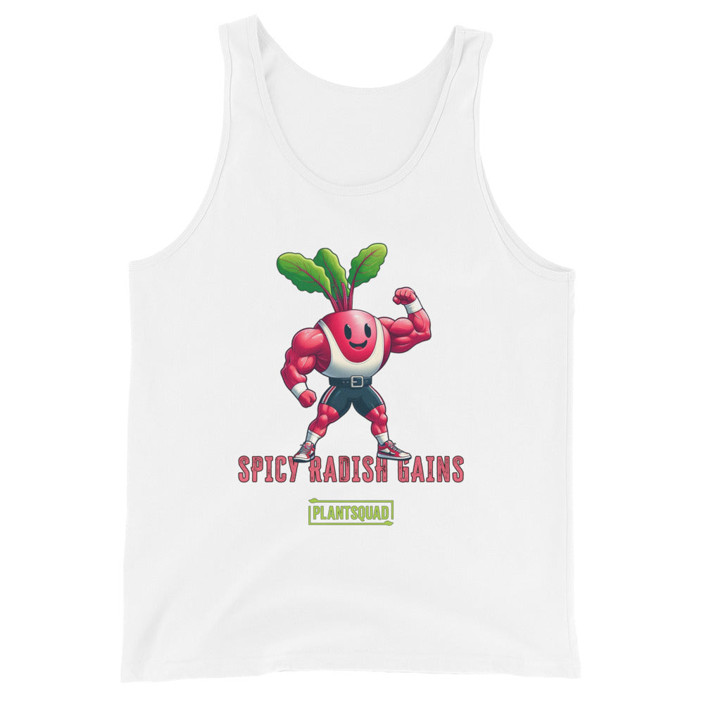 A black tank top featuring a cartoon radish character with muscular arms flexing, smiling, and wearing sneakers. The text "SPICY RADISH GAINS" is printed below the character, celebrating a plant-based lifestyle with "PLANTSQUAD" in a green box beneath the main text. Perfect vegan gym wear! Introducing the Plantsquad Radish "Spicy Radish Gains" - Unisex Tank Top.