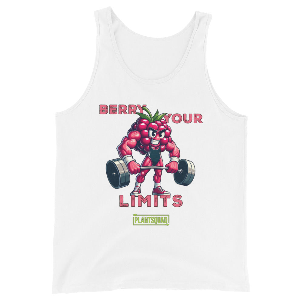 A Plantsquad Raspberry "Berry Your Limits" - Unisex Tank Top features a muscly raspberry cartoon lifting a barbell, embodying the plant-based lifestyle. The text "BERRY YOUR LIMITS" appears above the image, and "PLANTSQUAD" is displayed in a green box below the character.