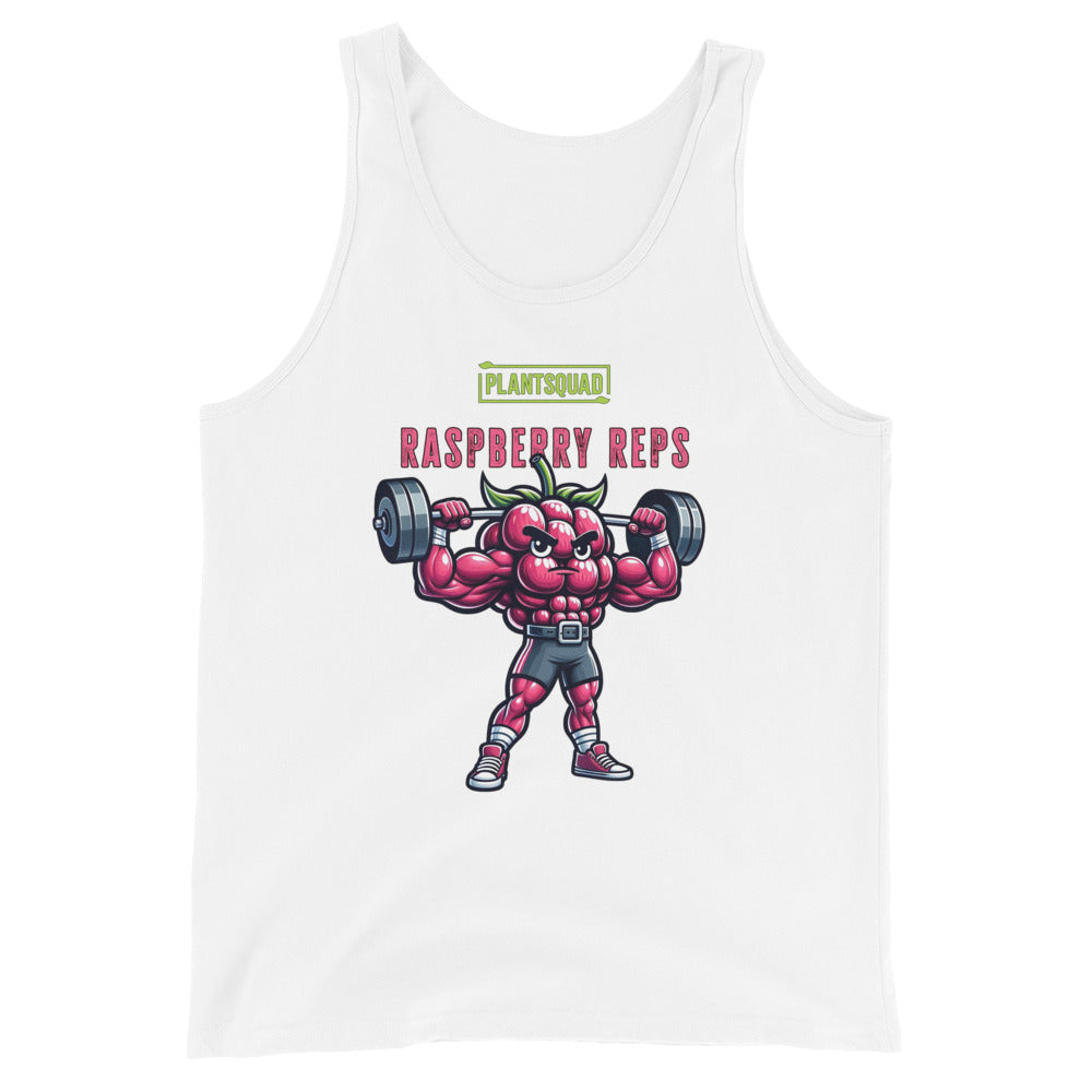 A black Plantsquad Raspberry "Raspberry Reps" - Unisex Tank Top featuring a muscly raspberry character lifting barbells. The character has muscular arms and legs, and is wearing shorts. Above it are the words "PLANTSQUAD" and "Raspberry Reps" in stylized fonts, perfect for fans of vegan fitness apparel.