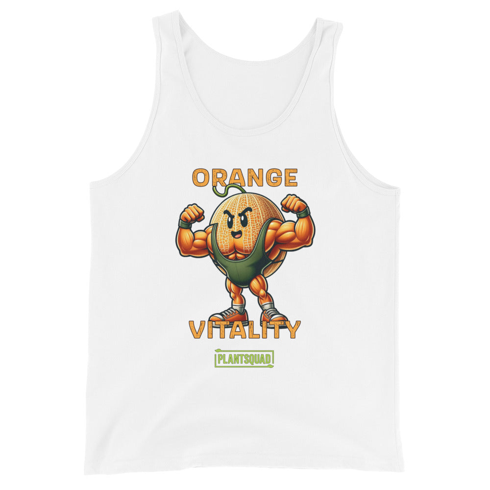 A black tank top featuring an illustrated muscular orange character flexing its arms. Above the character, the text reads "Orange Vitality" in bold orange letters, and below, a green banner with white text reads "PlantSquad." Perfect for gym enthusiasts who appreciate breathable fabric and a vegan lifestyle.

Replace with: The Plantsquad Rockmelon "Orange Vitality" - Unisex Tank Top is perfect for gym enthusiasts who appreciate breathable fabric and a vegan lifestyle.