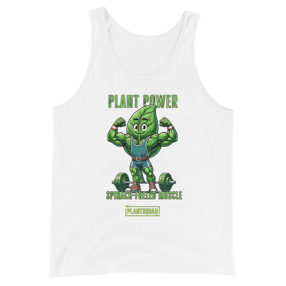 A Plantsquad Spinach "Plant Power Spinach Fueled Muscle" - Unisex Tank Top features a strong cartoon spinach character lifting weights. The text above the character reads "Plant Power," while below it says "Spinach-Fueled Muscle" and "Plantsquad Fitness Apparel." The design promotes a plant-based workout and strength.