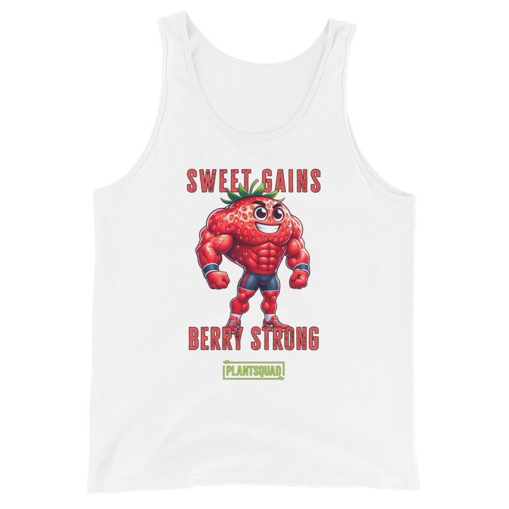 A black Plantsquad Strawberry "Sweet Gains Berry Strong" - Unisex Tank Top featuring a muscular, anthropomorphic strawberry character flexing. Above the strawberry, text reads "Sweet Gains," and below it, "Berry Strong." At the bottom, a green logo with the text "Plantsquad." Perfect for showcasing your plant-based lifestyle in the gym.