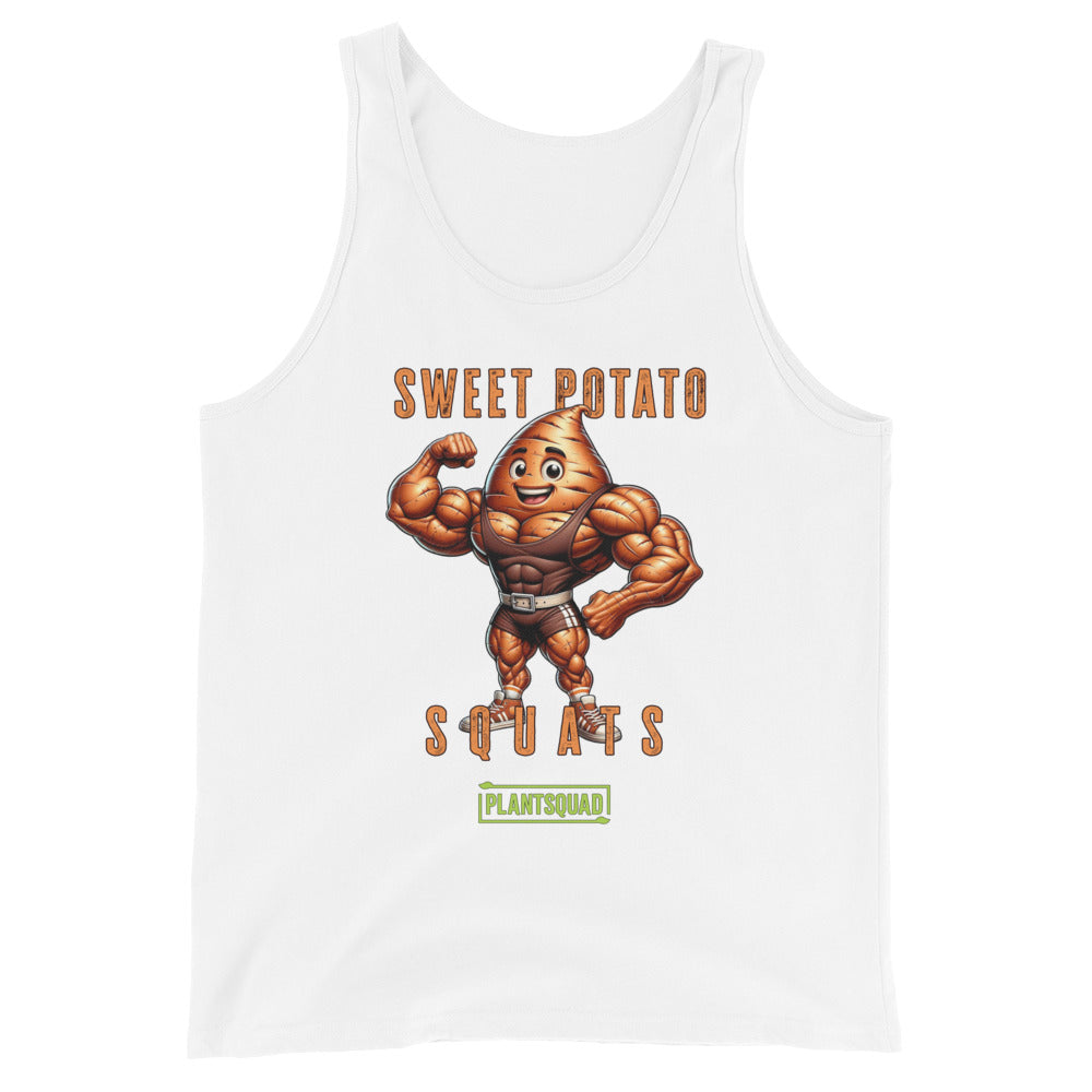 The Plantsquad Sweet Potato "Sweet Potato Squats" - Unisex Tank Top is a black vegan gym tank top featuring an illustration of a muscular anthropomorphic sweet potato flexing its arms. Above it, the text says "Sweet Potato Squats" and below it, a small green banner says "PlantSquad." Perfect for showcasing your plant-based lifestyle at the gym!