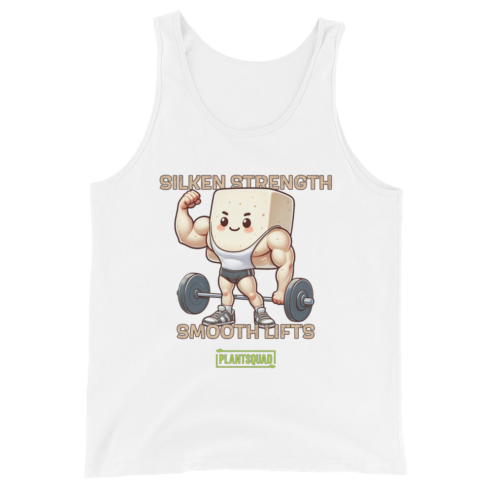 A black Plantsquad Tofu "Silken Strength Smooth Lifts" - Unisex Tank Top featuring a cartoon illustration of a muscular tofu block lifting a barbell. The text above reads "SILKEN STRENGTH," and below it says "SMOOTH LIFTS." Crafted from premium breathable fabric, this tank also has a small green logo with the text "PLANTSQUAD" for your vegan lifestyle.