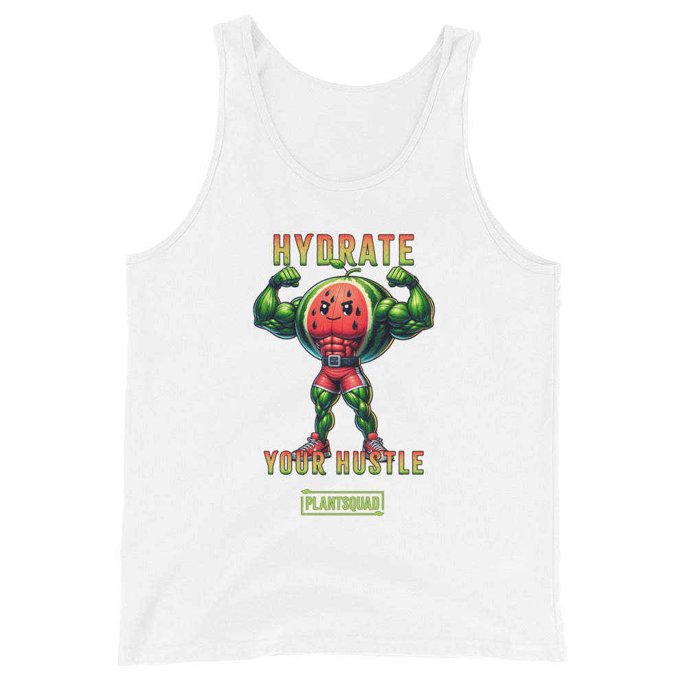 A Plantsquad Watermelon "Hydrate Your Hustle" - Unisex Tank Top featuring a muscular cartoon watermelon character flexing its arms. Text above the character reads "HYDRATE" and below it reads "YOUR HUSTLE" in bold letters. The breathable fabric ensures comfort, while the bottom displays the logo "PLANTSQUAD," perfect for a vegan lifestyle.