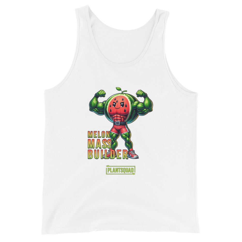 A Plantsquad Watermelon "Melon Mass Builder" - Unisex Tank Top featuring a graphic of a muscular watermelon character flexing its biceps. The text "Melon Mass Builder" and "Plant Squad" are displayed in stylized fonts near the character, making it an ideal piece of plant based workout apparel.