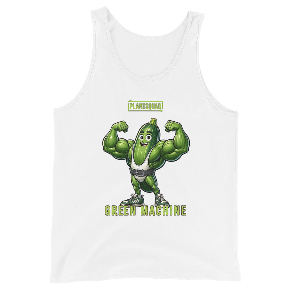 A black Plantsquad Zucchini "Green Machine" - Unisex Tank Top features a cartoon image of a muscular green vegetable character flexing its arms. Above the character, the text "PLANTSQUAD" is written, and below it, "GREEN MACHINE" is displayed. The character has a smiling face, sneakers, and a belt, perfect for promoting your plant-based lifestyle.