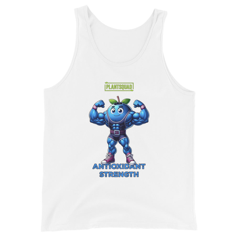 A black **Plantsquad Blueberry "Antioxidant Strength" - Unisex Tank Top** featuring a muscly blueberry cartoon flexing its arms. Above the blueberry, the word "Plantsquad" is displayed in a green box. Below the character, the words "Antioxidant Strength" are written in blue. Perfect for embracing a vegan lifestyle with premium breathable fabric for ultimate comfort.