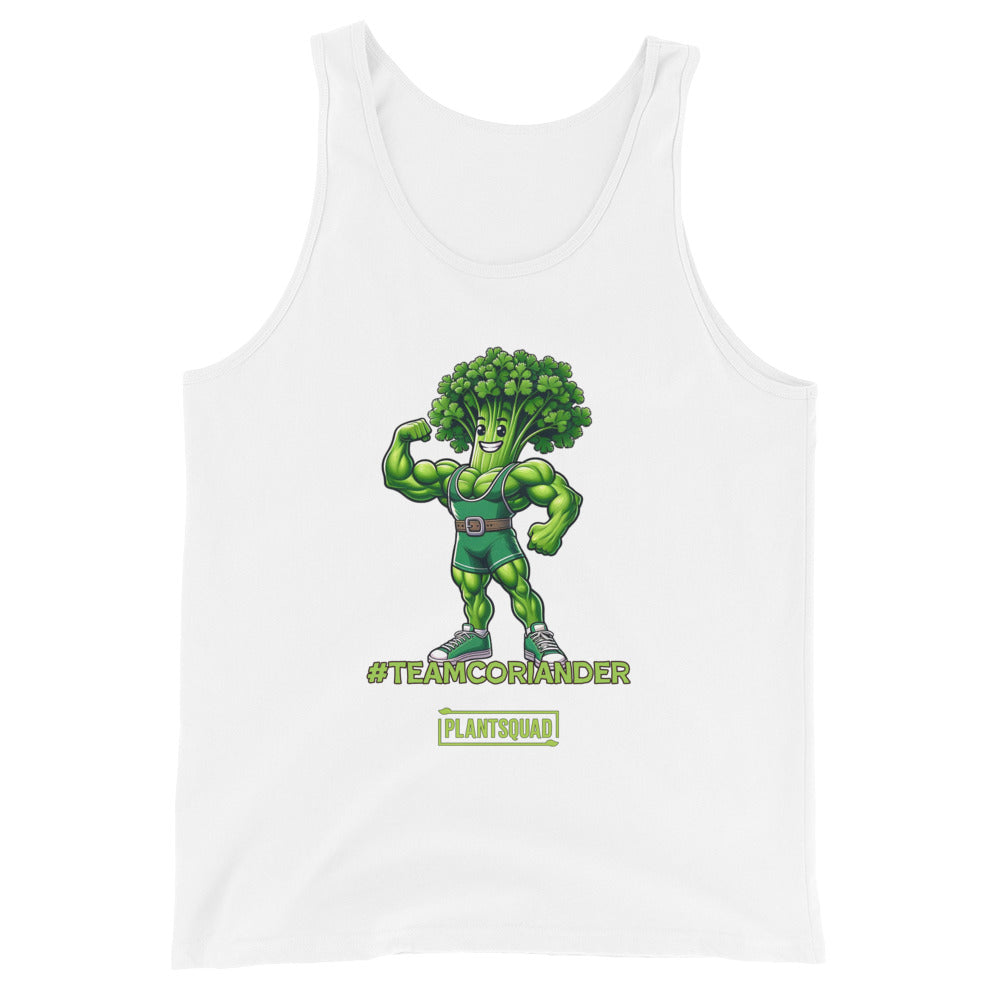 The Plantsquad Coriander "Team Coriander" - Unisex Tank Top showcases a muscular cartoon broccoli flexing its bicep, perfect for gym enthusiasts. Below the character, the text "#TeamCoriander" stands out, while "PlantSquad" is displayed inside a rectangle. Ideal for those embracing a vegan lifestyle.