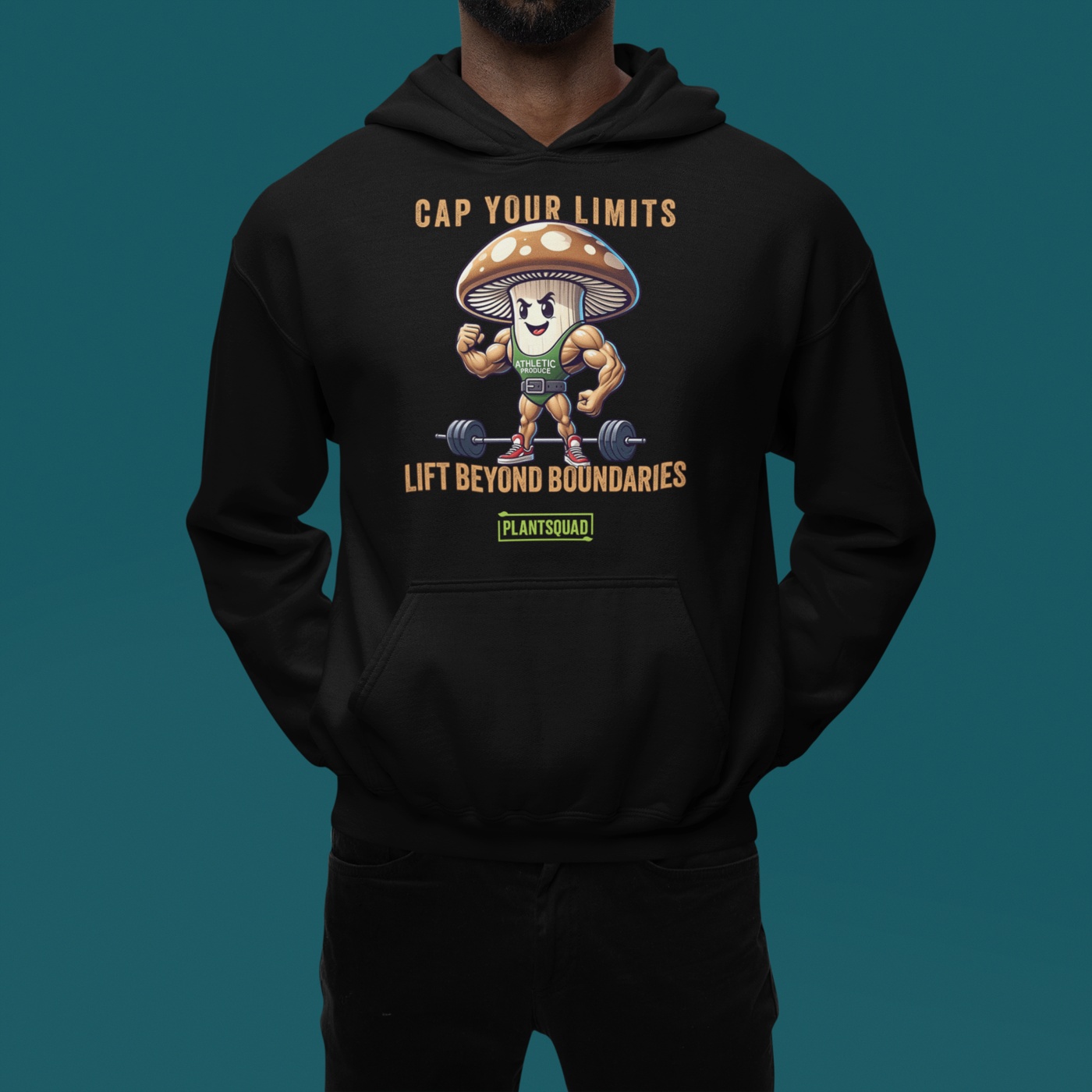 The Plantsquad Mushroom "Cap Your Limits Lift Beyond Boundaries" - Unisex Hoodie is a black weight lifting hoodie featuring a muscular cartoon mushroom character lifting weights. Text above reads "Cap Your Limits" and below reads "Lift Beyond Boundaries." Perfect for embracing plant-based fitness, it features a green logo with the text "PLANTSQUAD" beneath the mushroom.