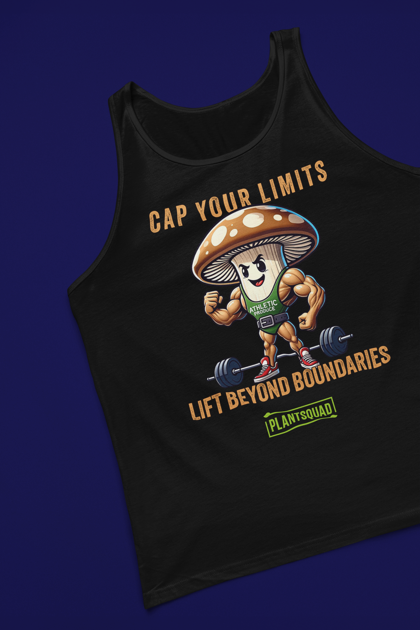 A Plantsquad Mushroom "Cap Your Limits Lift Beyond Boundaries" - Unisex Tank Top featuring a muscly mushroom design, lifting a barbell. The text reads, "CAP YOUR LIMITS LIFT BEYOND BOUNDARIES" at the top and "PLANTSQUAD" at the bottom. The vegan lifestyle-inspired mushroom wears a green shirt labeled "ATHLETIC.