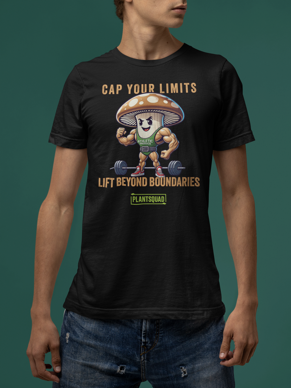 The Plantsquad Mushroom "Cap Your Limits Lift Beyond Boundaries" - Unisex T-Shirt is a black T-shirt featuring a cartoon, muscly mushroom character in athletic gear flexing above a barbell with weights. The text reads "CAP YOUR LIMITS" above the mushroom and "LIFT BEYOND BOUNDARIES" below, with the "PLANTSQUAD" logo at the bottom—a true vegan fitness shirt for those embracing a plant-based lifestyle.