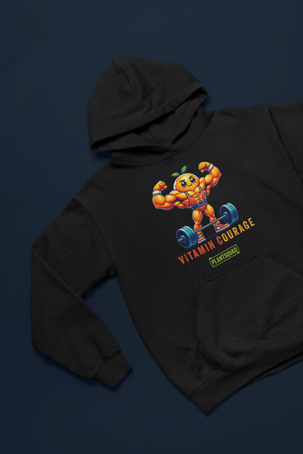 A Plantsquad Orange "Vitamin Courage" - Unisex Hoodie featuring a muscular, anthropomorphic orange lifting a barbell. The text "VITAMIN COURAGE" is written below the graphic, with "PLANTSQUAD" in a green rectangle underneath. Perfect for those embracing a vegan lifestyle.