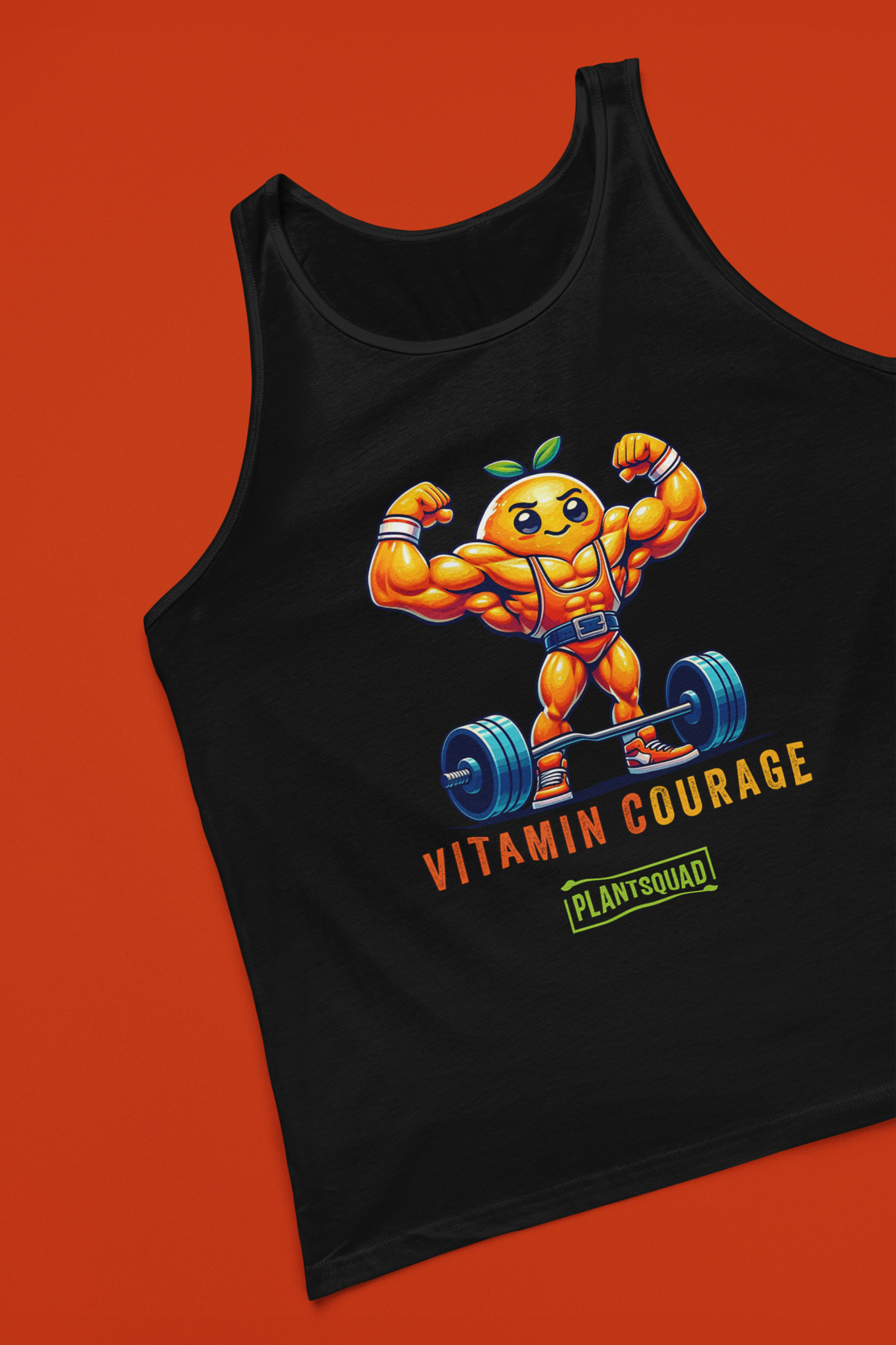 A black gym tank top featuring a muscular orange character lifting a barbell. The character has a determined face, wearing orange shorts and shoes, with a green leaf on its head. The text below reads "VITAMIN COURAGE" and "PLANTSQUAD" with a green rectangular frame around it—perfect for those embracing a vegan workout clothing style. The product is called Plantsquad Orange "Vitamin Courage" - Unisex Tank Top.