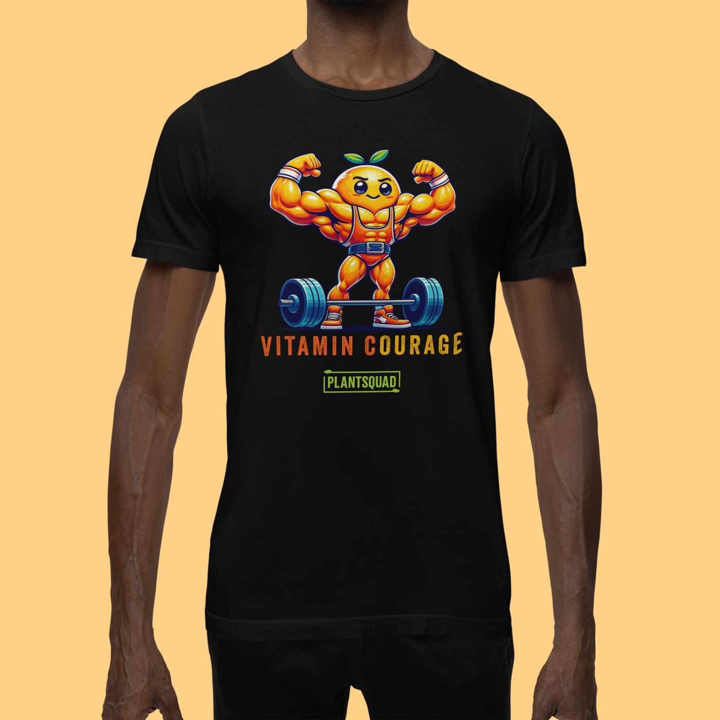 Plantsquad Orange "Vitamin Courage" - Unisex T-Shirt featuring a muscular, anthropomorphic orange lifting a barbell. The text reads "VITAMIN COURAGE" above and "PLANTSQUAD" inside a green rectangle below the image, perfect for fitness enthusiasts and those embracing a plant-based lifestyle.