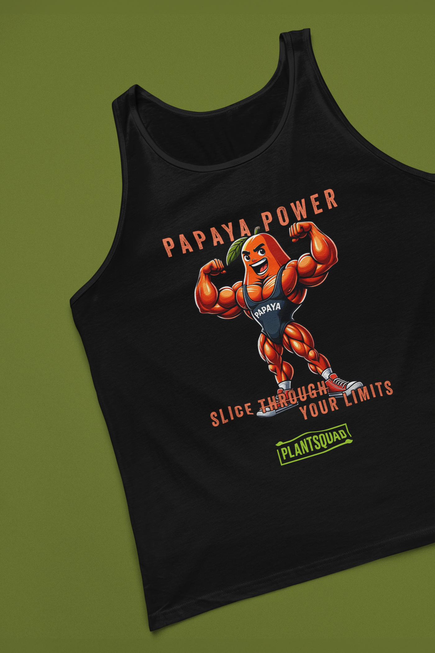 A Plantsquad Papaya "Papaya Power Slice Through Your Limits" - Unisex Tank Top featuring an illustration of a muscular papaya fruit character wearing gym attire, flexing its arms. The text reads "PAPAYA POWER" at the top, "SLICE THROUGH YOUR LIMITS" in the middle, and "PLANTSQUAD" at the bottom – perfect for those embracing a vegan lifestyle.