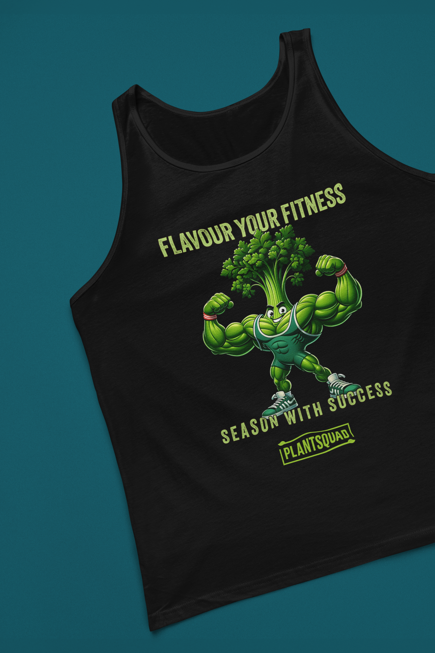 A black Plantsquad Parsley "Flavour Your Fitness Season With Success" - Unisex Tank Top featuring a cartoon image of a muscular broccoli flexing its arms. Above the broccoli, the text reads "FLAVOUR YOUR FITNESS" and below, it states "SEASON WITH SUCCESS." At the bottom, the text "PLANTSQUAD" is displayed. Perfect for your plant-based lifestyle or vegan gym wear collection.