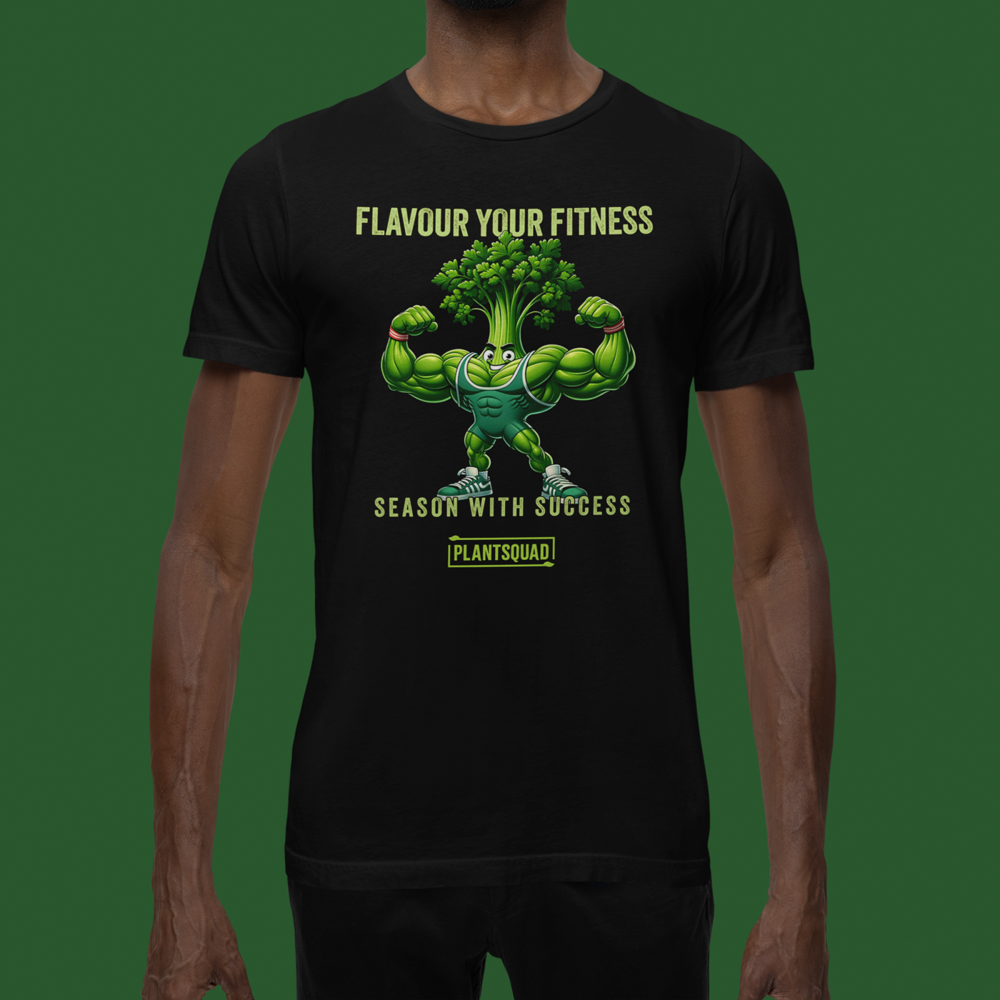 Plantsquad Parsley "Flavour Your Fitness Season With Success" - Unisex T-Shirt with a cartoon muscular broccoli character flexing its arms. The text above the character reads "FLAVOUR YOUR FITNESS." Below the character, the text says "SEASON WITH SUCCESS," and at the bottom, a logo reads "PLANTSQUAD." Perfect for enthusiasts of the vegan lifestyle.