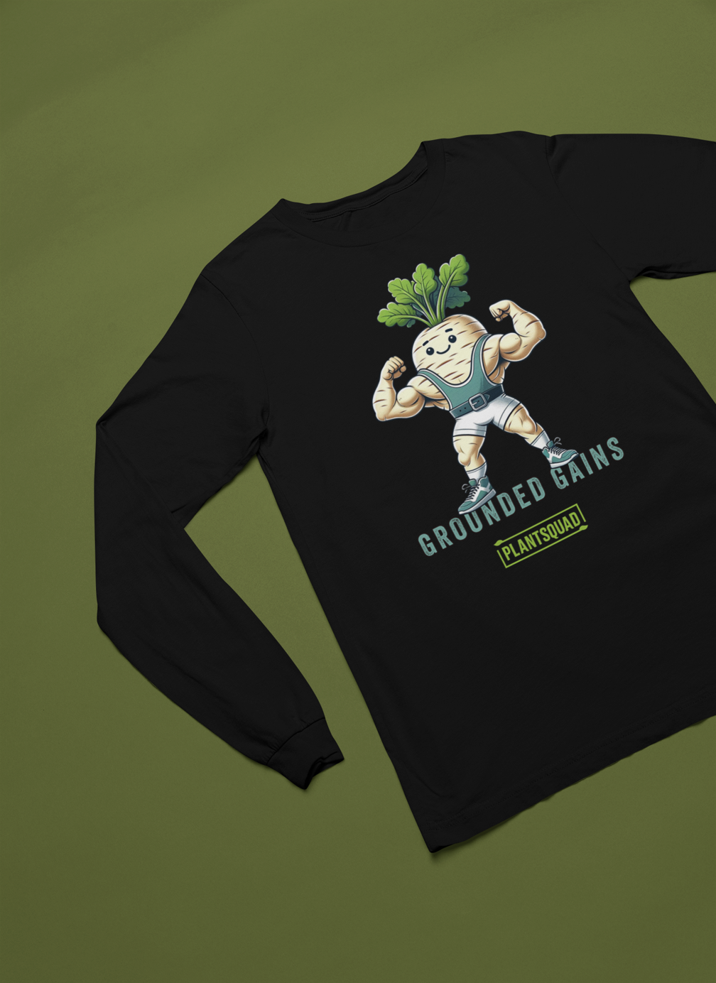 A Plantsquad Parsnip "Grounded Gains" - Unisex Long Sleeve T-Shirt features a muscular anthropomorphic parsnip flexing its biceps. The parsnip wears gym attire and has leafy greens on its head. Text below reads "GROUNDED GAINS" and "PLANTSQUAD," perfect for fitness enthusiasts embracing a vegan lifestyle.