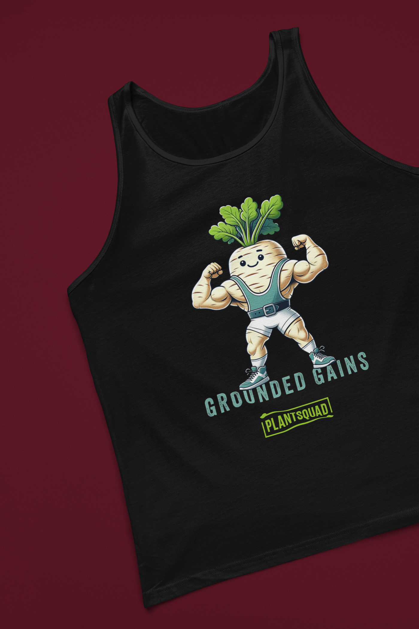 A Plantsquad Parsnip "Grounded Gains" - Unisex Tank Top featuring an illustration of a muscular radish flexing its arms in gym attire. Perfect for gym enthusiasts embracing the vegan lifestyle, it boasts the text "GROUNDED GAINS" above "PLANTSQUAD" at the bottom and is made from breathable fabric for maximum comfort.