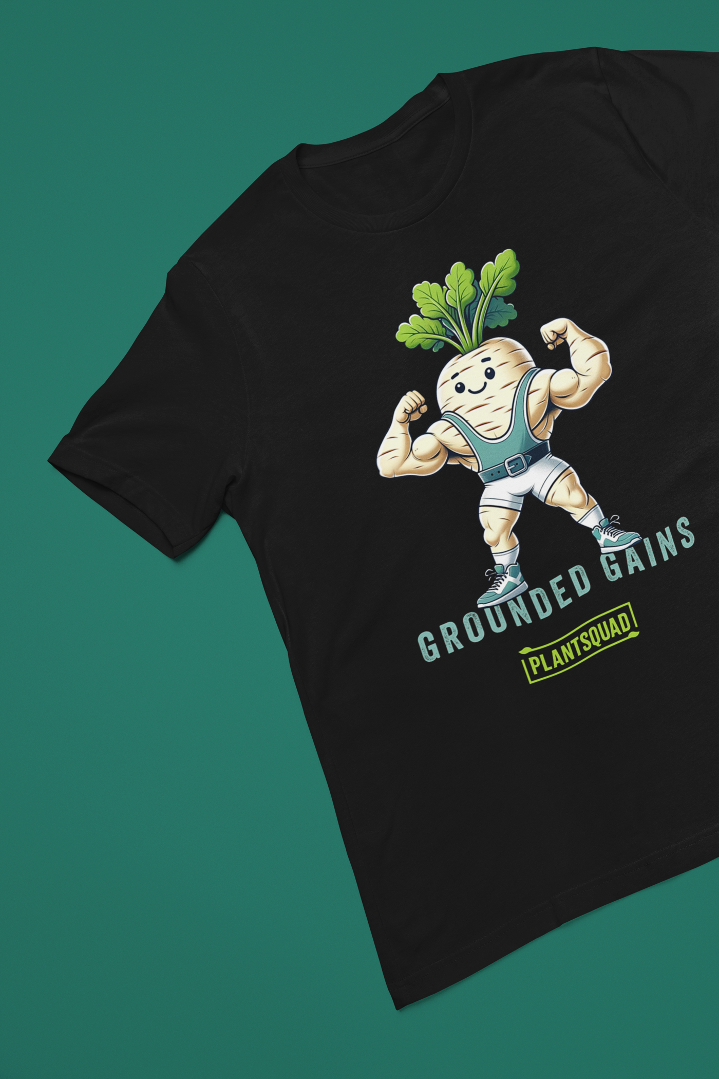 A black vegan T-shirt featuring an illustration of a muscular radish character flexing its arms. Above the character are the words "Grounded Gains," and below is a green box with "Plantsquad" written inside. The design promotes plant-based strength and fitness apparel for a plant-based lifestyle. 

Product Name: Plantsquad Parsnip "Grounded Gains" - Unisex T-Shirt