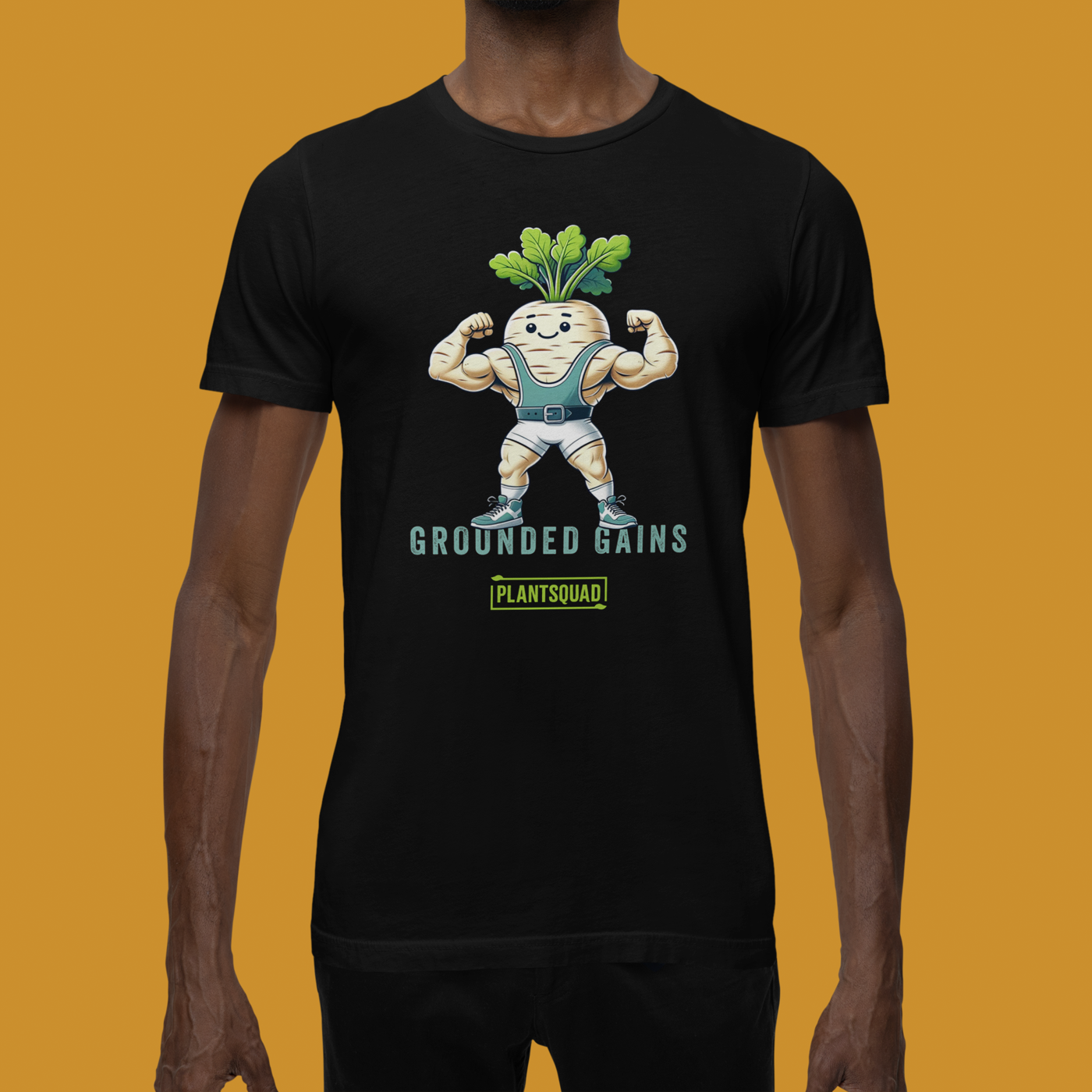 A black vegan T-shirt featuring an illustration of a muscular radish character flexing its arms. Above the character are the words "Grounded Gains," and below is a green box with "Plantsquad" written inside. The design promotes plant-based strength and fitness apparel for a plant-based lifestyle. 

Product Name: Plantsquad Parsnip "Grounded Gains" - Unisex T-Shirt