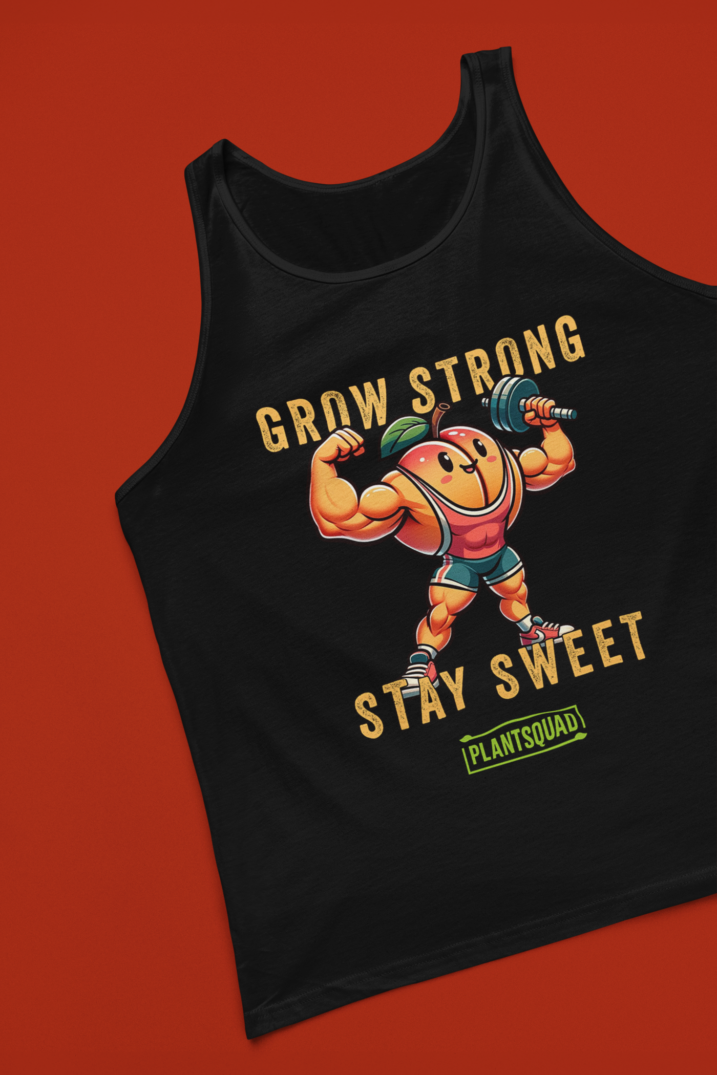 A black vegan workout tank top featuring an illustration of a muscular, happy anthropomorphic pumpkin lifting a dumbbell. The text above and below the pumpkin reads "Grow Strong Stay Sweet," with a green box at the bottom containing "PlantSquad." Perfect for showcasing your plant-based lifestyle! Introducing the Plantsquad Peach "Grow Strong Stay Sweet" - Unisex Tank Top.