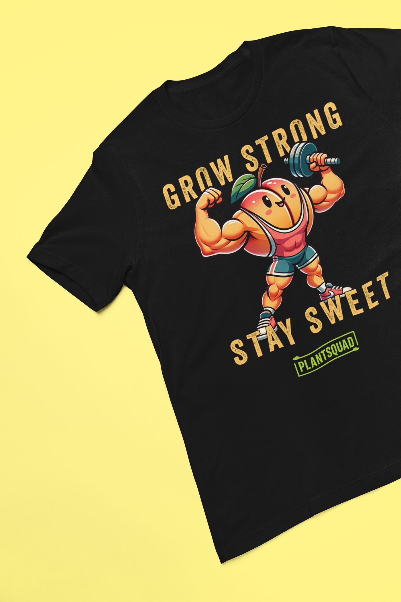 The Plantsquad Peach "Grow Strong Stay Sweet" - Unisex T-Shirt features an illustration of a muscular, anthropomorphic peach wearing a headband, wristbands, and shorts, lifting a barbell. The text above reads "GROW STRONG" and below reads "STAY SWEET" with a "PLANTSQUAD" logo at the bottom. Perfect for those embracing a plant-based lifestyle and fitness apparel.