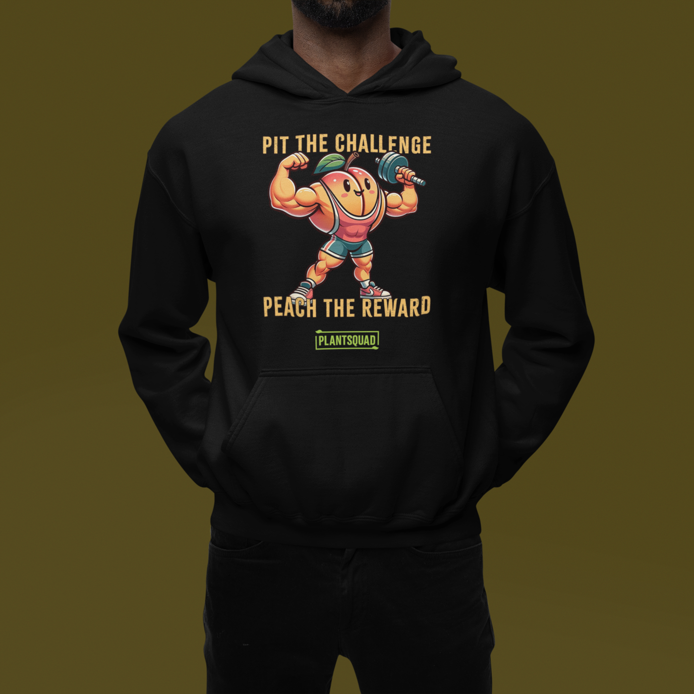 A Plantsquad Peach "Pit The Challenge Peach The Rewards" - Unisex Hoodie featuring a cartoon muscular peach lifting weights with green leaves as arms. Crafted from cozy fabric, the text above the peach reads "Pit the Challenge" and below it "Peach the Reward." Perfect for promoting a vegan lifestyle, the brand name "Plant Squad" appears at the bottom.