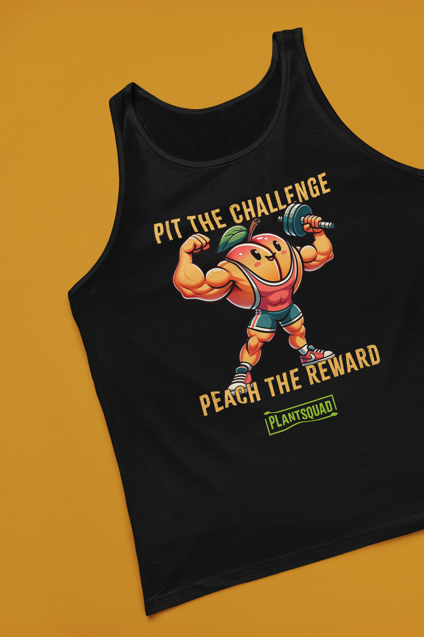 A black tank top featuring a muscly peach cartoon lifting a barbell. The text above the peach says "PIT THE CHALLENGE" and below it says "PEACH THE REWARD." Underneath, the word "PLANTSQUAD" is displayed on a green background, making it ideal vegan gym wear for those embracing a plant-based lifestyle. Plantsquad Peach "Pit The Challenge Peach The Rewards" - Unisex Tank Top