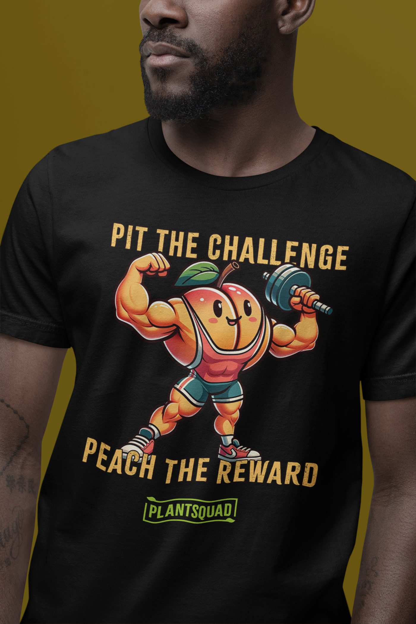 A Plantsquad Peach "Pit The Challenge Peach The Rewards" - Unisex T-Shirt with a graphic of a muscular peach character lifting a barbell. The text above and below the character reads, "Pit the challenge, Peach the reward." Made from high-quality breathable fabric, it features a green logo saying "Plantsquad" at the bottom—perfect for fitness enthusiasts embracing a vegan lifestyle.