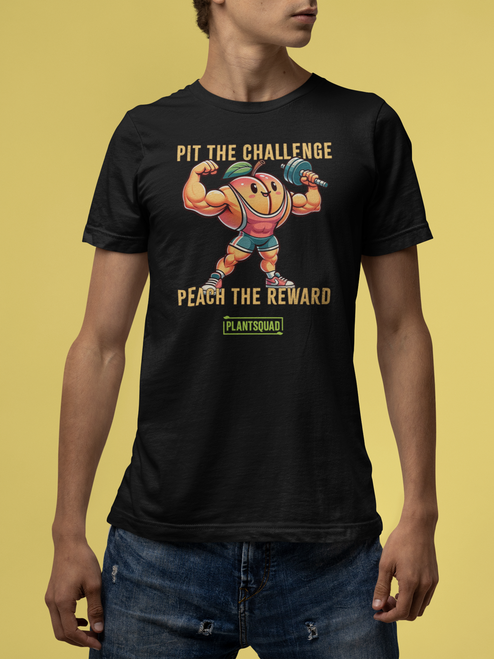 A Plantsquad Peach "Pit The Challenge Peach The Rewards" - Unisex T-Shirt with a graphic of a muscular peach character lifting a barbell. The text above and below the character reads, "Pit the challenge, Peach the reward." Made from high-quality breathable fabric, it features a green logo saying "Plantsquad" at the bottom—perfect for fitness enthusiasts embracing a vegan lifestyle.