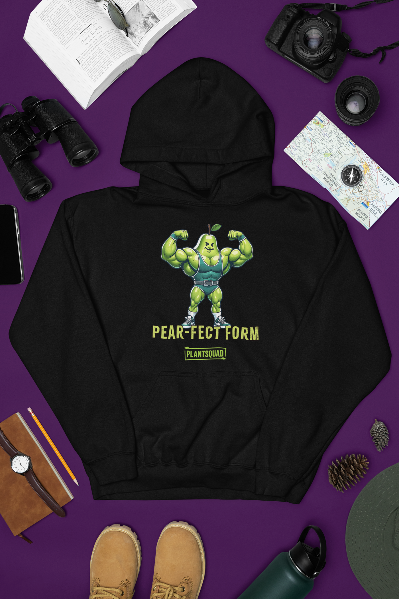 Plantsquad Pear "Pear-fect Form" - Unisex Hoodie featuring a cozy fabric and an illustration of a muscular pear cartoon flexing its biceps while wearing a blue weightlifting belt. The text underneath the pear reads "Pear-Fect Form" and below that is the logo "PlantSquad," perfect for showcasing your vegan lifestyle.