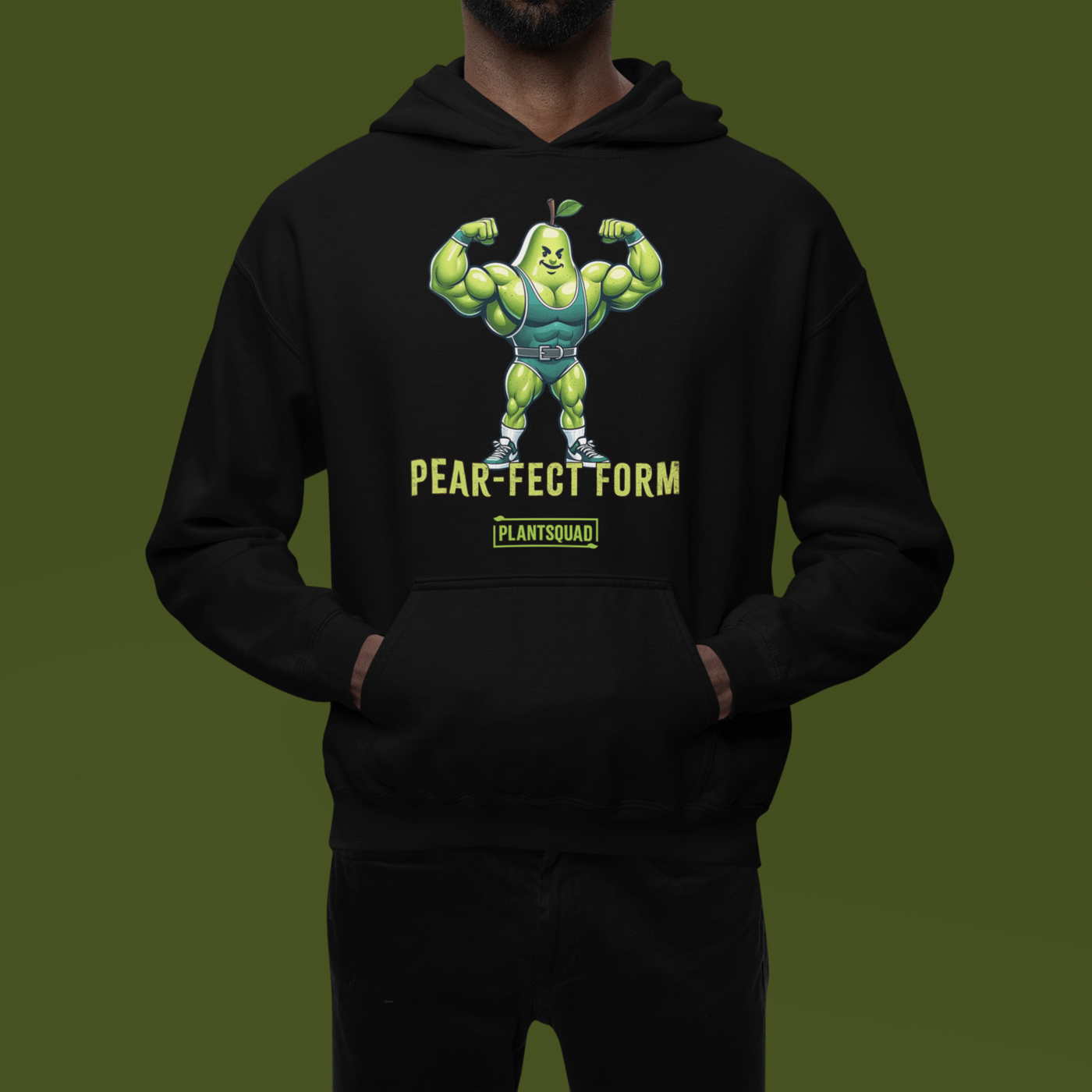 Plantsquad Pear "Pear-fect Form" - Unisex Hoodie featuring a cozy fabric and an illustration of a muscular pear cartoon flexing its biceps while wearing a blue weightlifting belt. The text underneath the pear reads "Pear-Fect Form" and below that is the logo "PlantSquad," perfect for showcasing your vegan lifestyle.