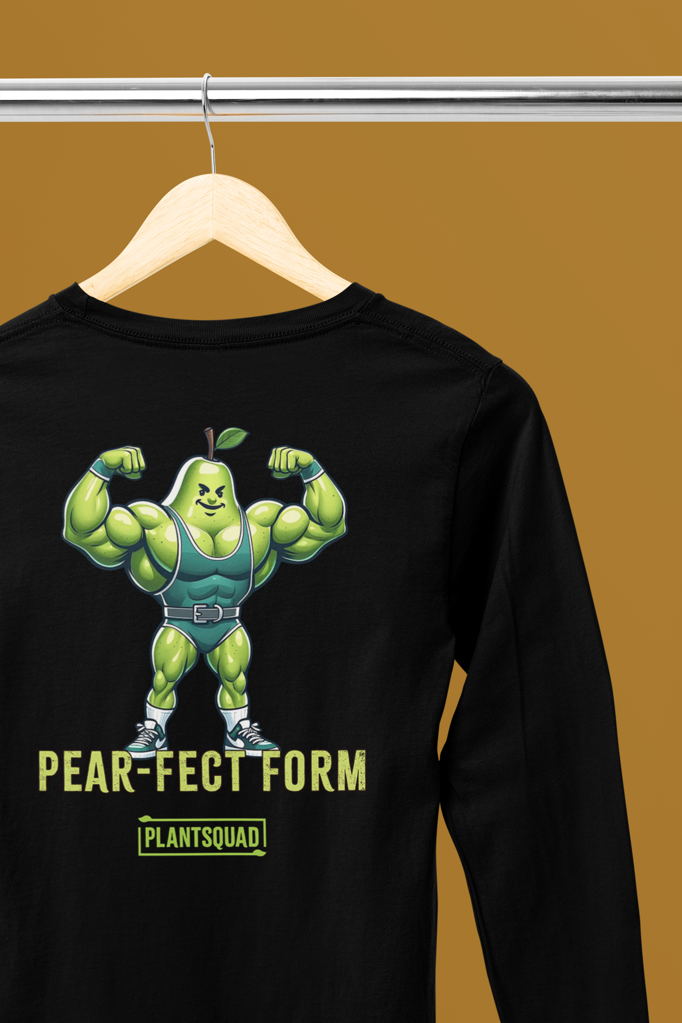 Plantsquad Pear "Pear-fect Form" - Unisex Long Sleeve T-Shirt featuring a muscly pear design of a muscular, anthropomorphic pear in a weightlifting suit and sneakers flexing its arms. Text below the pear reads "PEAR-FECT FORM" and "PLANT SQUAD," celebrating vegan fitness and a plant-based lifestyle.