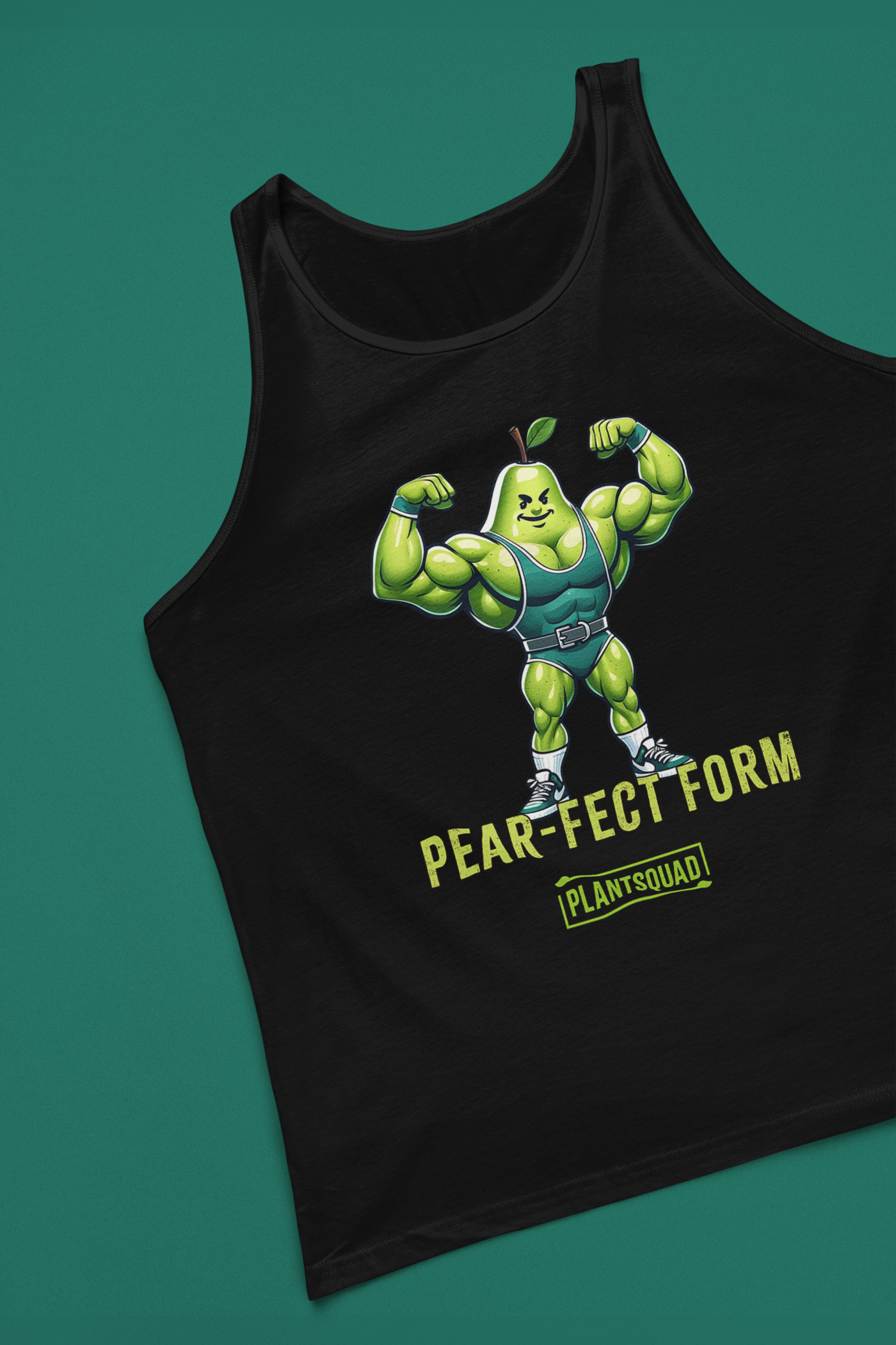 A Plantsquad Pear "Pear-fect Form" - Unisex Tank Top featuring a muscly pear cartoon flexing its arms. The text below the pear reads "PEAR-FECT FORM" with a small "PLANTSQUAD" logo underneath, making it perfect for gym enthusiasts embracing a plant-based lifestyle.