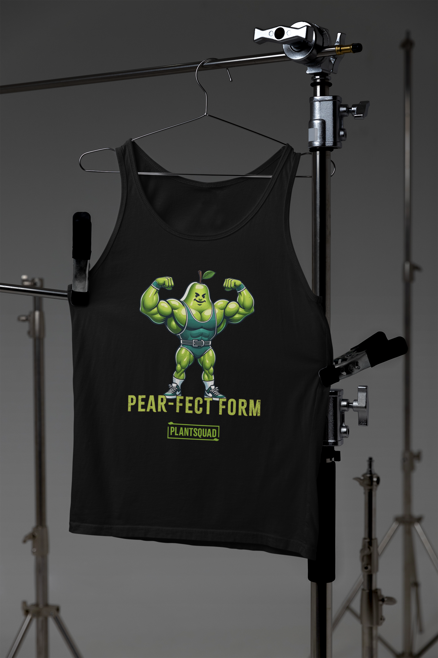 A Plantsquad Pear "Pear-fect Form" - Unisex Tank Top featuring a muscly pear cartoon flexing its arms. The text below the pear reads "PEAR-FECT FORM" with a small "PLANTSQUAD" logo underneath, making it perfect for gym enthusiasts embracing a plant-based lifestyle.