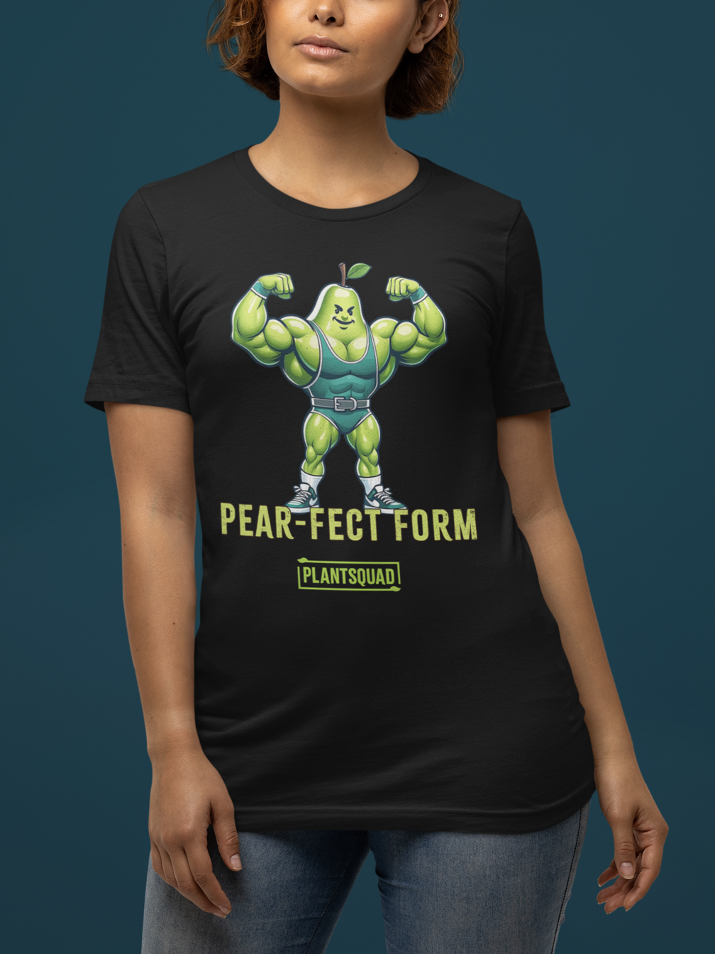 A Plantsquad Pear "Pear-fect Form" - Unisex T-Shirt featuring an illustration of a muscular, flexing pear with a green leaf on top, wearing gym clothes and sneakers. Crafted from breathable fabric, it’s perfect for fitness enthusiasts. Below the image are the words "PEAR-FECT FORM" and "PLANT SQUAD" in yellow and green text.