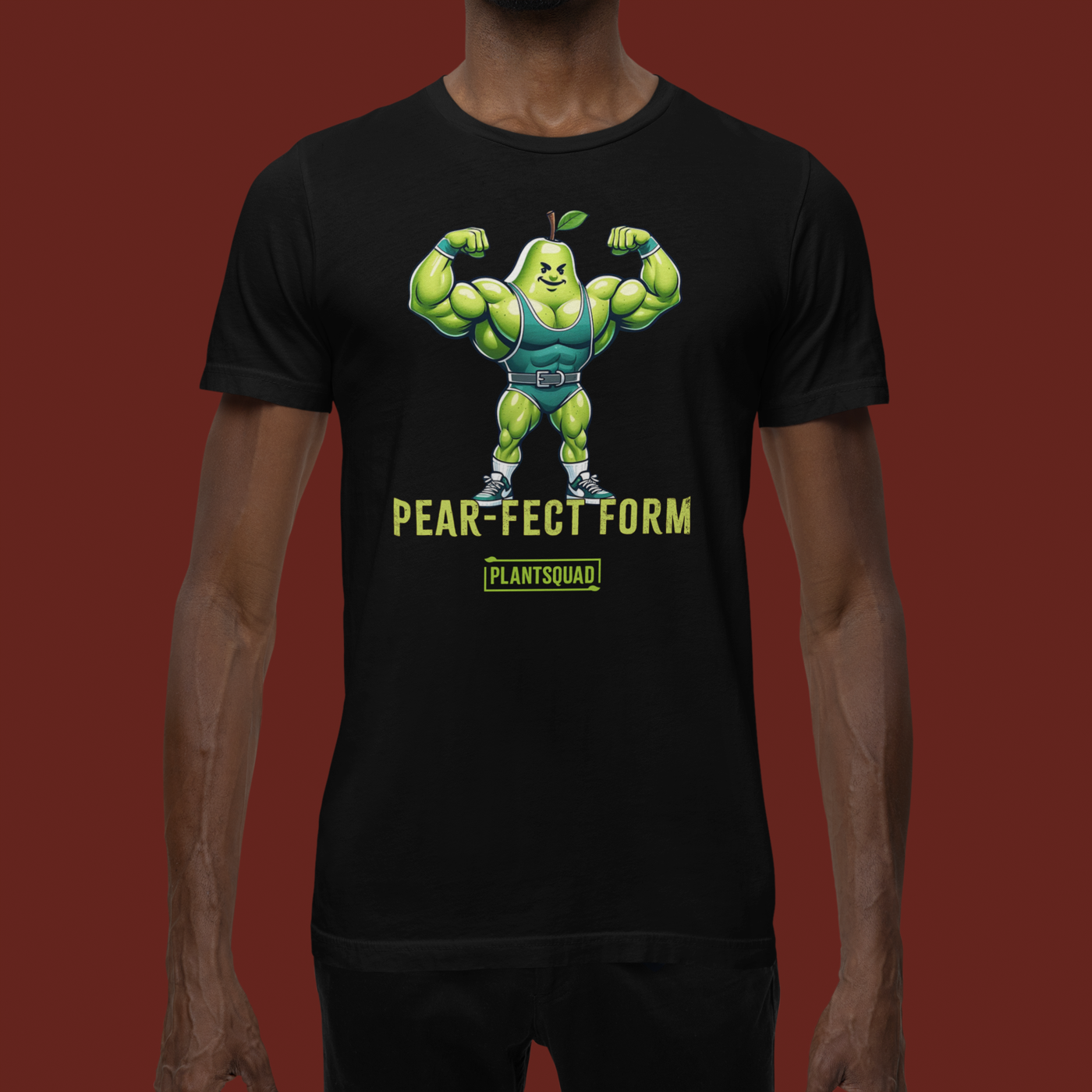 A Plantsquad Pear "Pear-fect Form" - Unisex T-Shirt featuring an illustration of a muscular, flexing pear with a green leaf on top, wearing gym clothes and sneakers. Crafted from breathable fabric, it’s perfect for fitness enthusiasts. Below the image are the words "PEAR-FECT FORM" and "PLANT SQUAD" in yellow and green text.