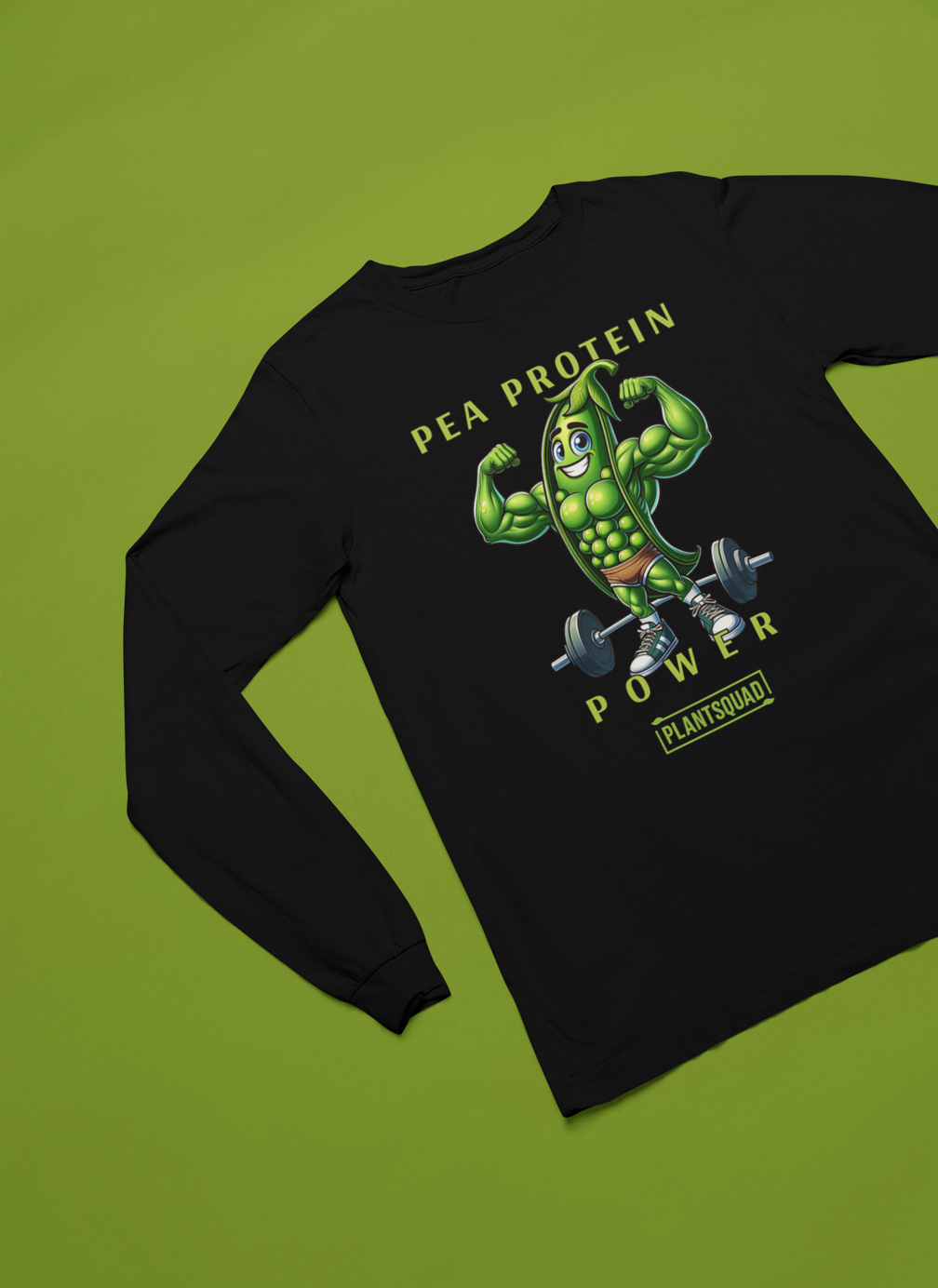 A Plantsquad Peas "Pea Protein Power" - Unisex Long Sleeve T-Shirt featuring a cartoon image of a muscular pea pod flexing its arms above a barbell. Text above reads "PEA PROTEIN POWER," and below the image is the word "PLANTSQUAD." Perfect for fitness enthusiasts embracing a plant-based, vegan lifestyle.