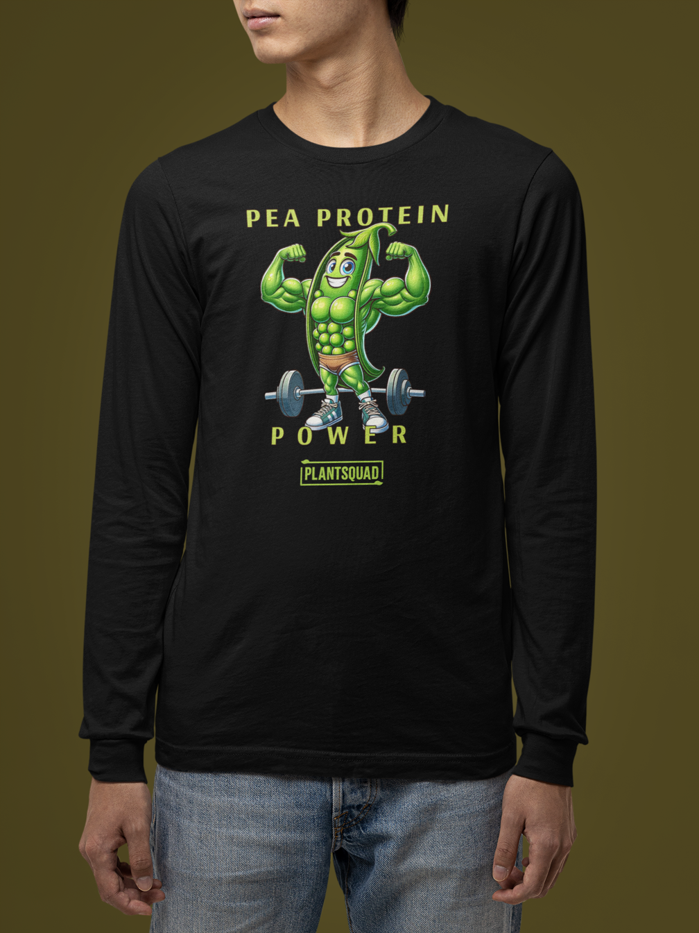 A Plantsquad Peas "Pea Protein Power" - Unisex Long Sleeve T-Shirt featuring a cartoon image of a muscular pea pod flexing its arms above a barbell. Text above reads "PEA PROTEIN POWER," and below the image is the word "PLANTSQUAD." Perfect for fitness enthusiasts embracing a plant-based, vegan lifestyle.