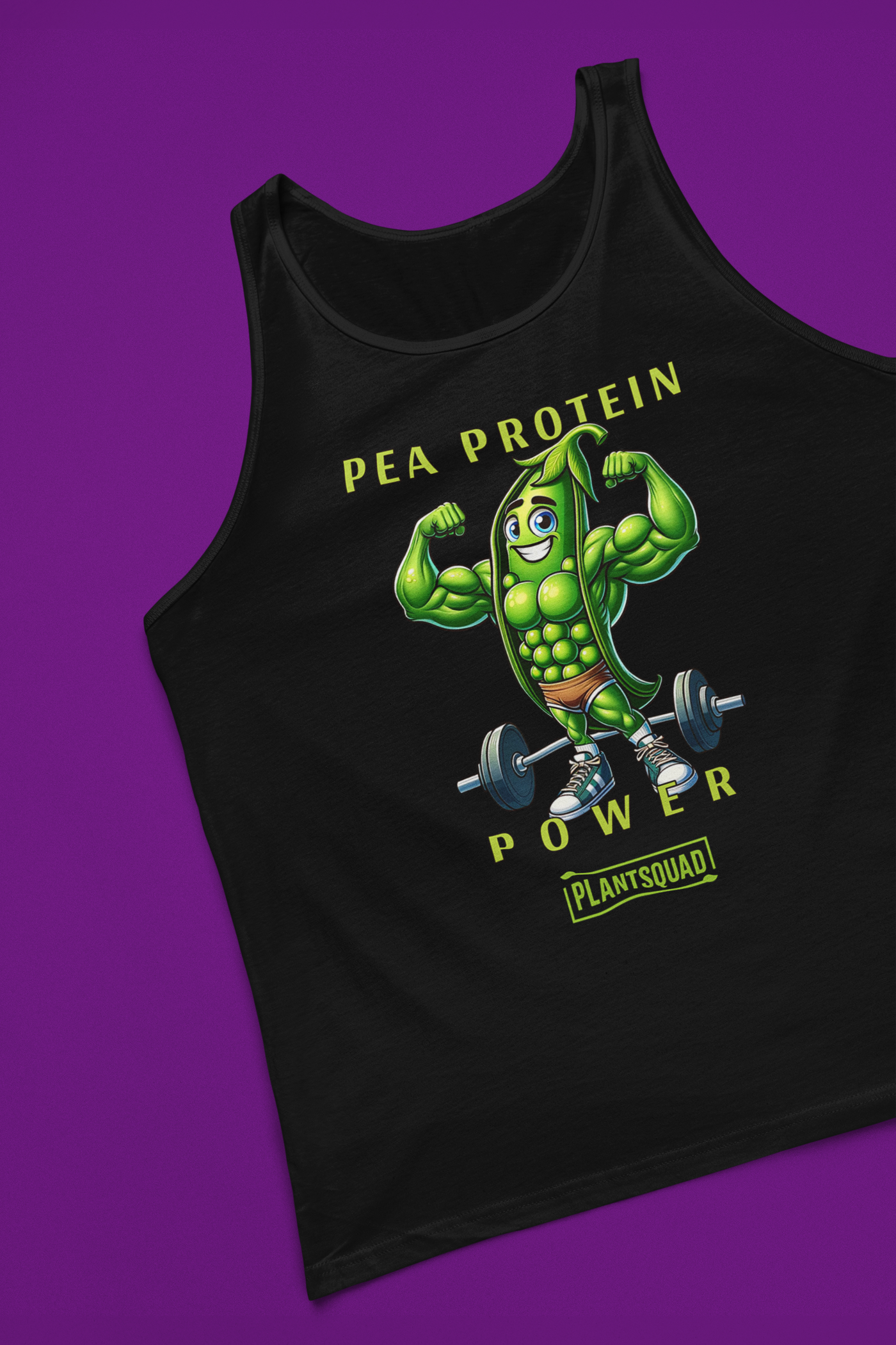 A black vegan workout tank, the Plantsquad Peas "Pea Protein Power" - Unisex Tank Top, features a muscular, anthropomorphic green pea flexing its biceps with a barbell on the ground behind it. Text above reads "Pea Protein Power" and below, "PlantSquad." The design promotes plant-based fitness.