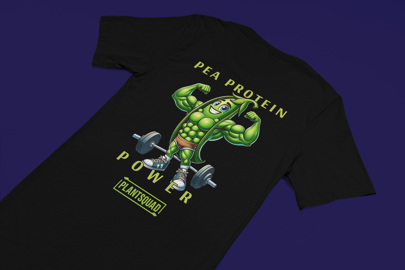 A Plantsquad Peas "Pea Protein Power" - Unisex T-Shirt featuring a cartoon image of a muscular pea pod lifting a barbell. The text above the image reads "PEA PROTEIN" and "POWER," and below it, "PLANTSQUAD." This tee captures the essence of vegan fitness and celebrates strength through a plant-based lifestyle.